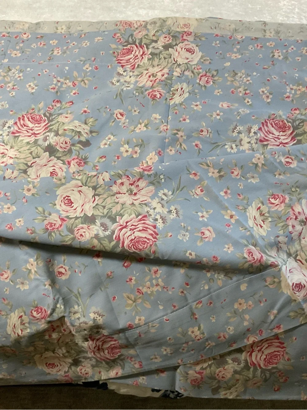 Ralph Lauren Blue Floral King Flat Sheet with Pink Rose Pattern Shelter Island